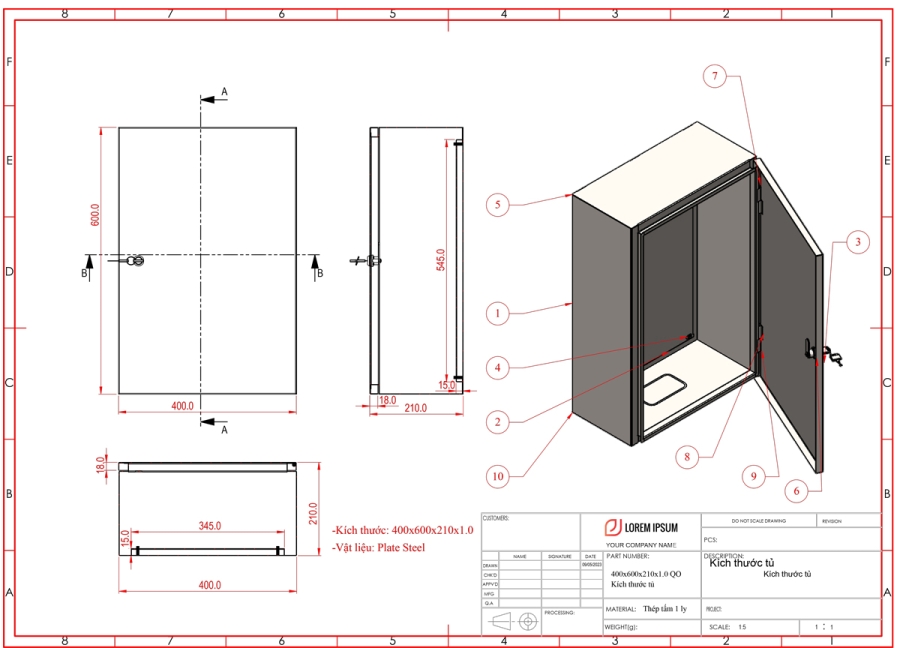 Bản vẽ kích thước vỏ tủ điện thiết kế bằng SolidWorks